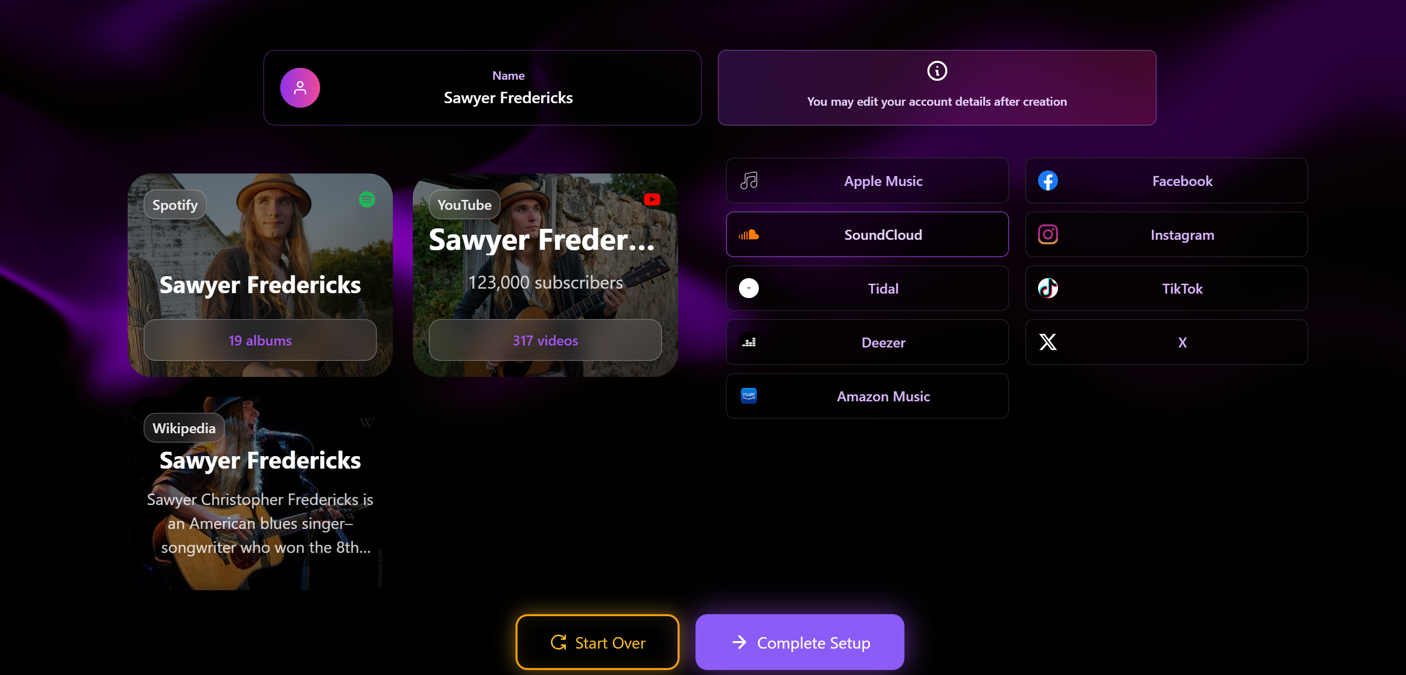 Artist Hub setup: enter your name and preview your hub in seconds